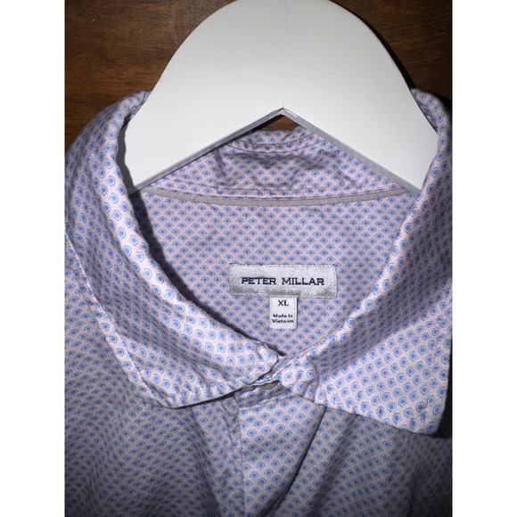 Peter Millar Mens XL Short Sleeve Button Down Shirt Blue Geo Pattern - Picture 3 of 3
